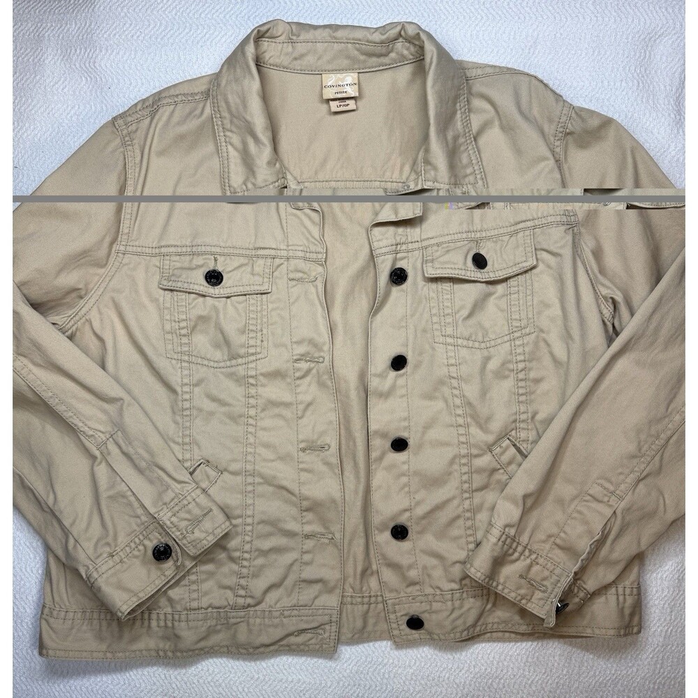 Covington Beige Cotton Canvas Button Front Collared Short Jacket w/ Pockets PL